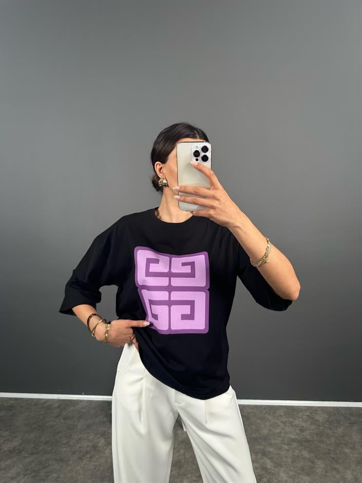 Drs Siyah Bisiklet Yaka Basic Mor Baskılı Tshirt