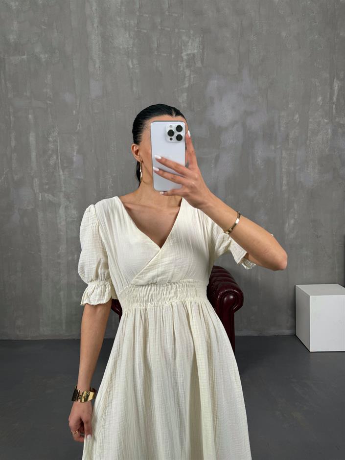Ekru V Yaka Beli Lastikli Büzgülü Müslin Pinterest Elbise Gaus00022
