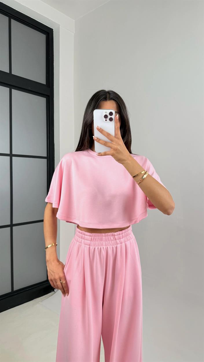Pembe Crop Beli Lastikli Palazzo Eşofman İkili Modal Kumaş Takım GAUS-01219