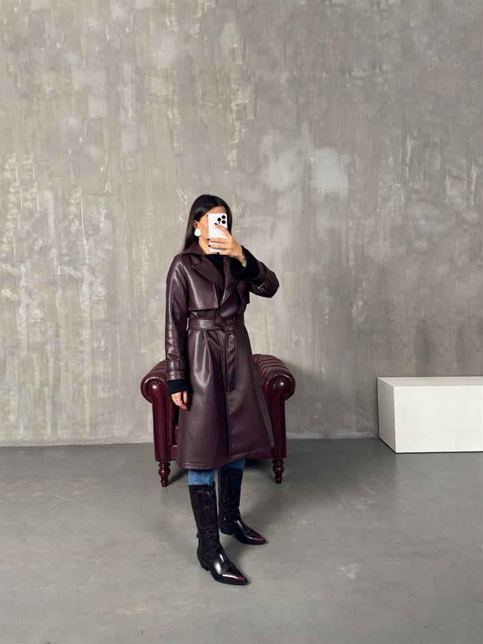 Frezya Bordo Tasarım Astarlı Deri Trençkot