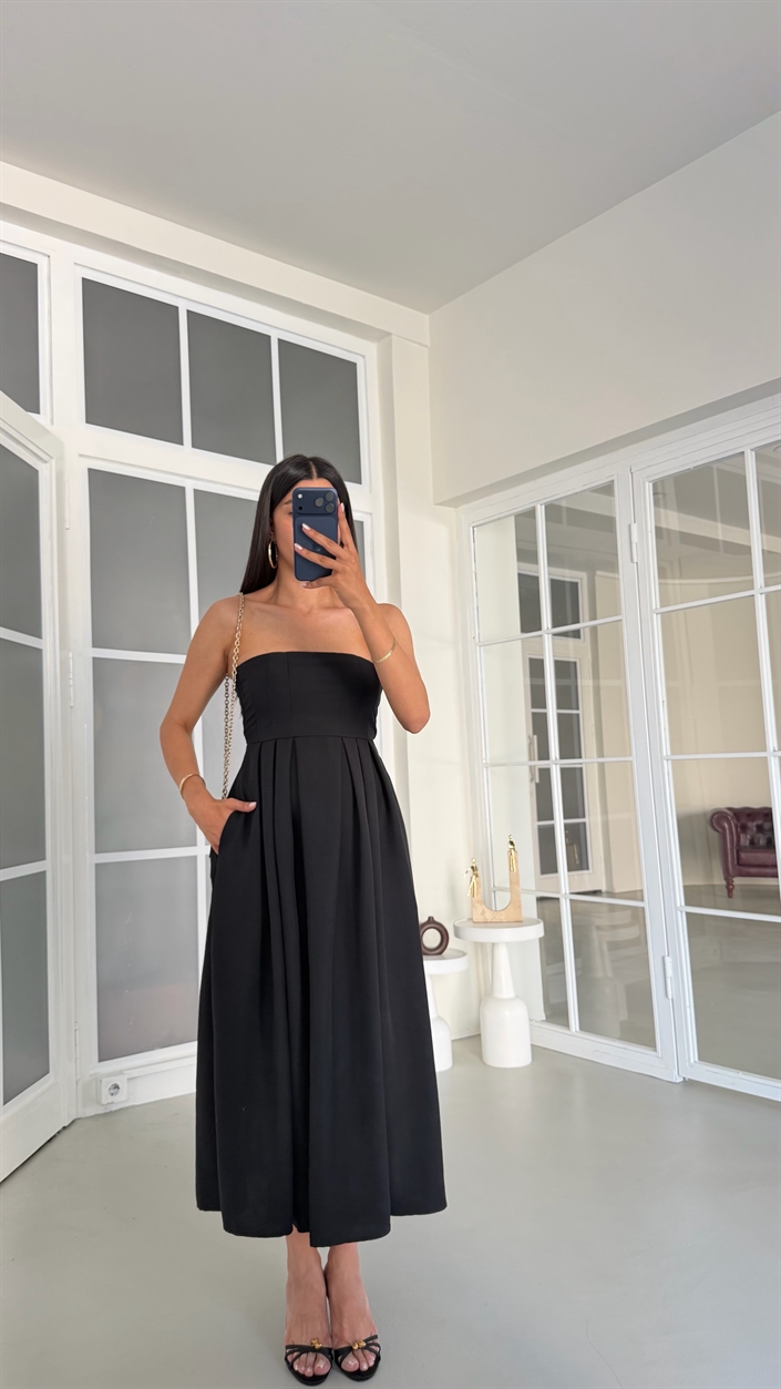 Siyah Straplez Beli Lastikli Elbise GAUS-01746