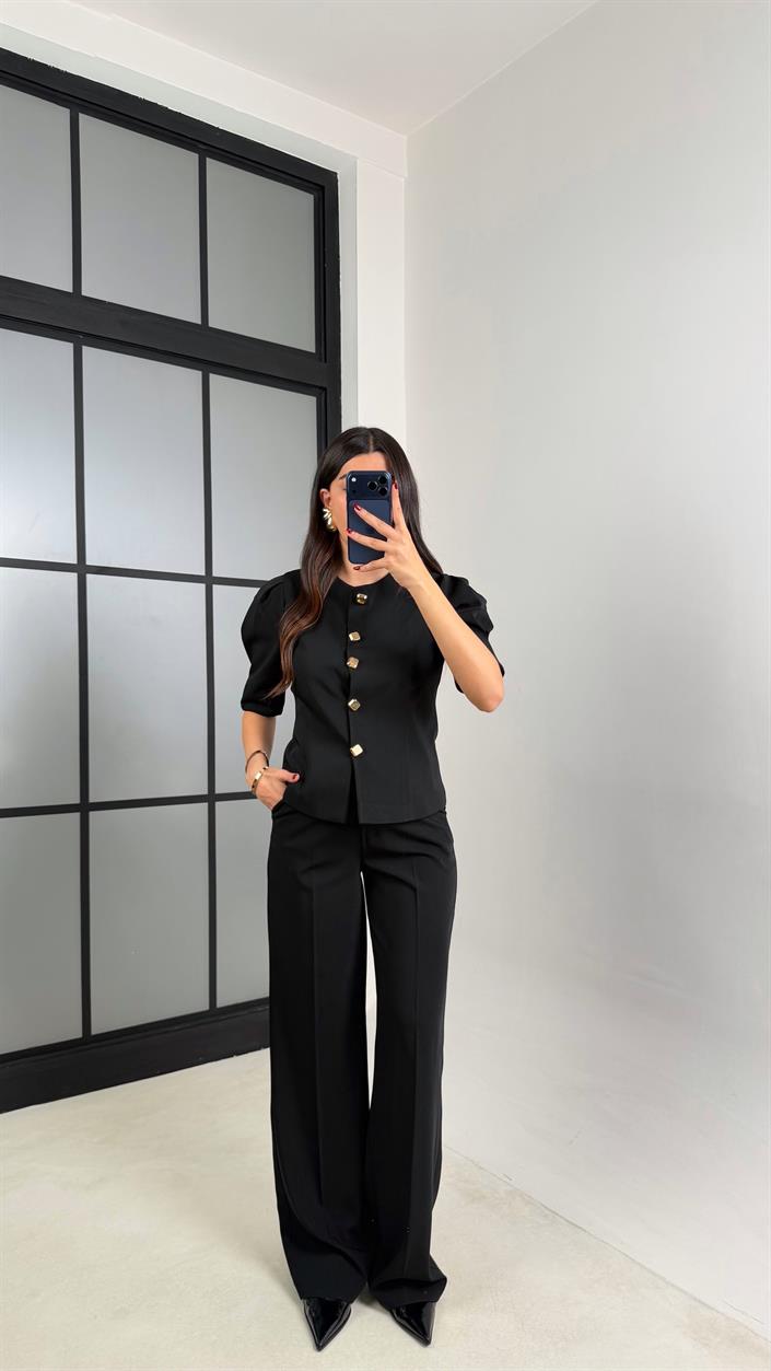 Siyah Gold Düğmeli Balon Kol Ceket Beli Lastikli Pantolon Kumaş Takım GAUS-00748