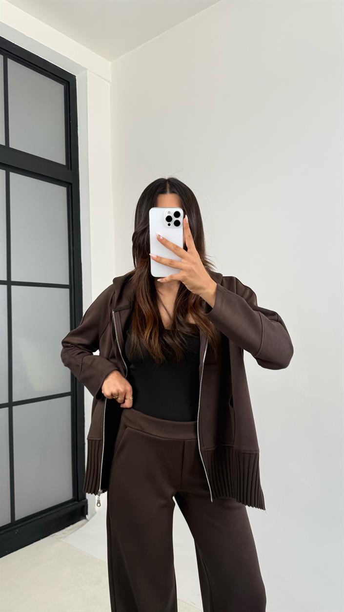 Acı Kahve Kapüşonlu Hırka Beli Lastikli Pantolon İkili Premium Takım GAUS-0075