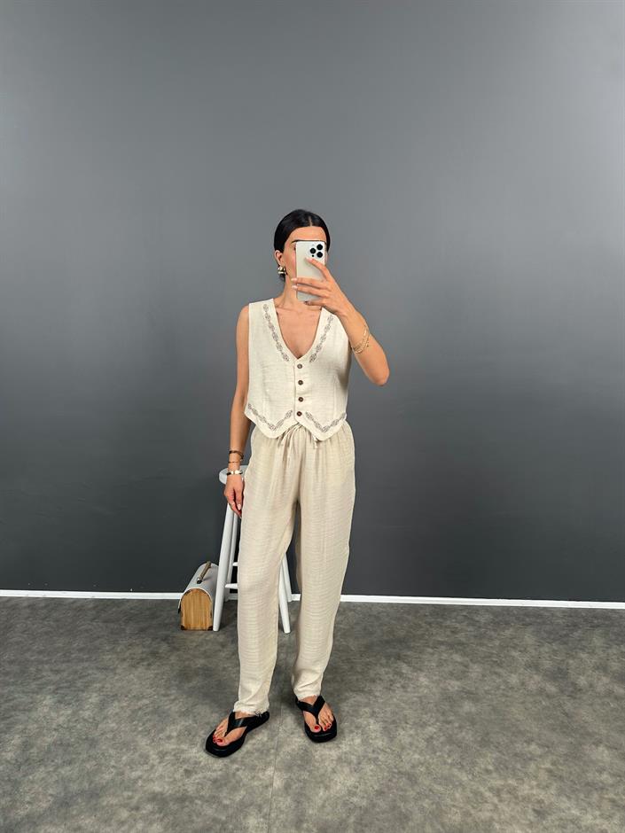 Menix Taş Müslin Kumaş Paçası Saçaklı Pantolon