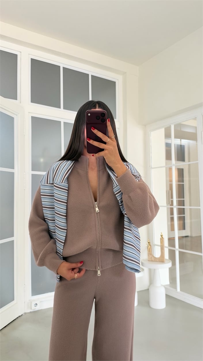 Vizon Çift Fermuarlı Hırka Beli Lastikli Pantolon İkili Yumuşak Kumaş Premium Takım GAUS-02303