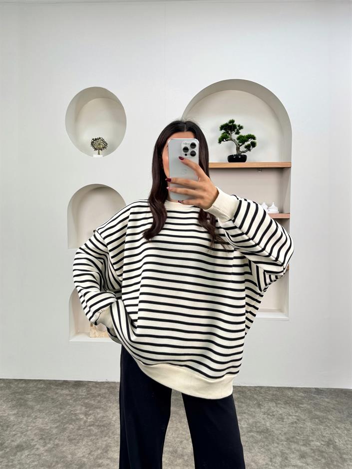 Biana Siyah Çizgili Üç İplik Şardonlu Ekru Oversize Sweatshirt
