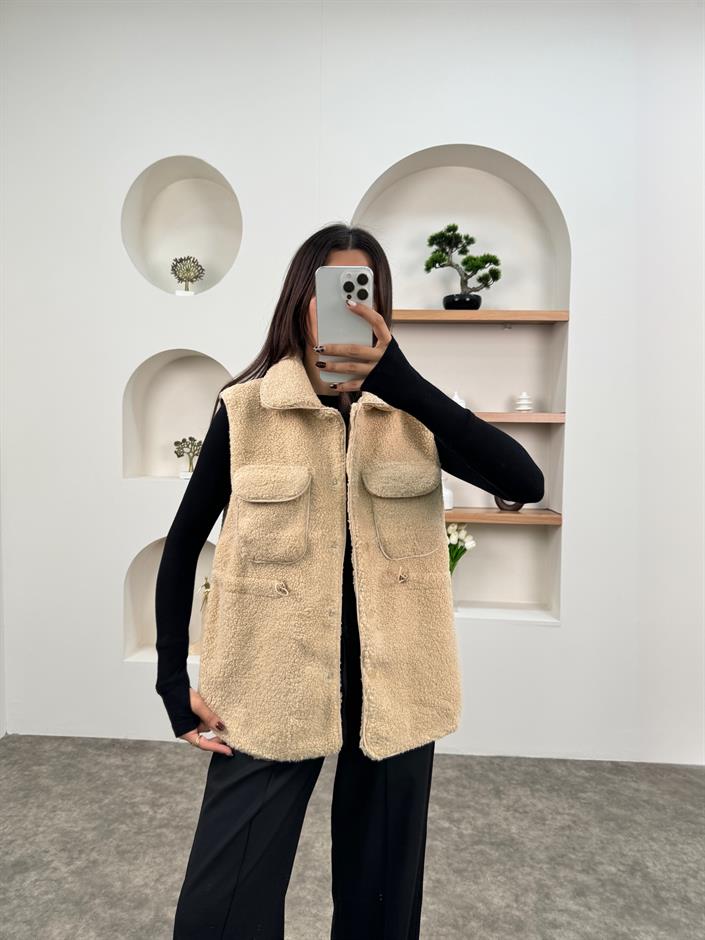 Mude Bej Belden Lastikli Yumoş Yelek