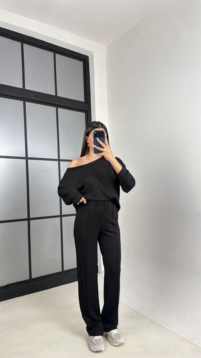 Siyah Asimetrik Yaka Beli Lastikli Çımalı Pantolon Modal Kumaş Takım GAUS-00629