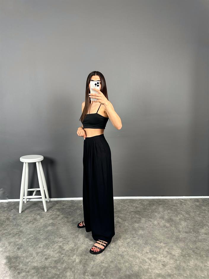 Sesto Siyah Salaş Düğmeli Bol Pantolon