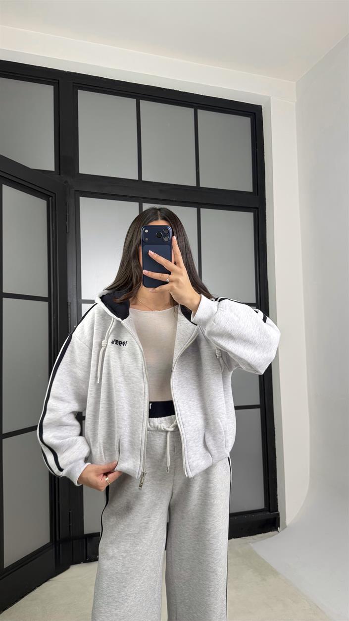 Gri Lacivert Şerit Detaylı Hırka Beli Lastikli Eşofman Şardonlu Takım GAUS-01174