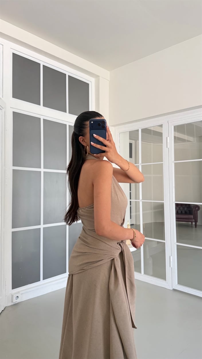 Vizon Halter Yaka Bağlama Detaylı Premium Keten Elbise GAUS-01672