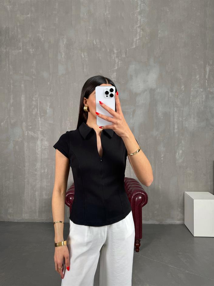 Siyah Polo Yaka Ön Fermuarlı Tshirt Gaus00191
