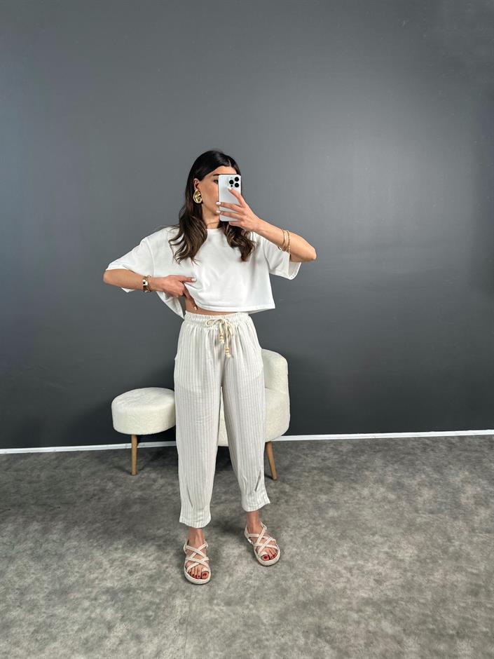 Keten Mavi Çizgili Pantolon 