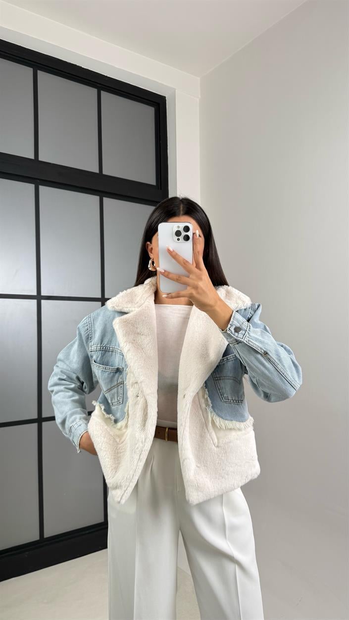 Ekru Denim Detaylı Peluş Ceket GAUS-00583