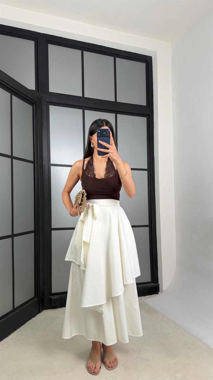 Ekru İthal Tencel Kumaş Tasarım Etek Pantolon GAUS-01412