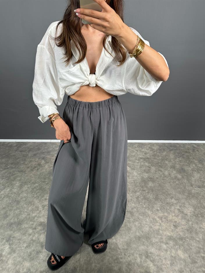 PRY Beli Lastikli Bol Paça Tensel Antrasit Gri Rahat Dokuma Pantolon