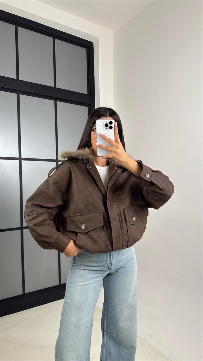 Kahve Çıkarılabilir Kürk Yaka Premium Süet Deri Mont GAUS-00500