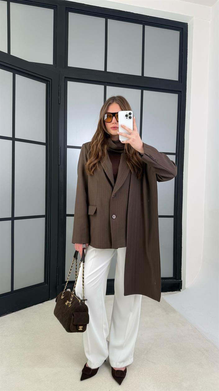 Kahve Çizgili Şal Detaylı Blazer Ceket GAUS-01167