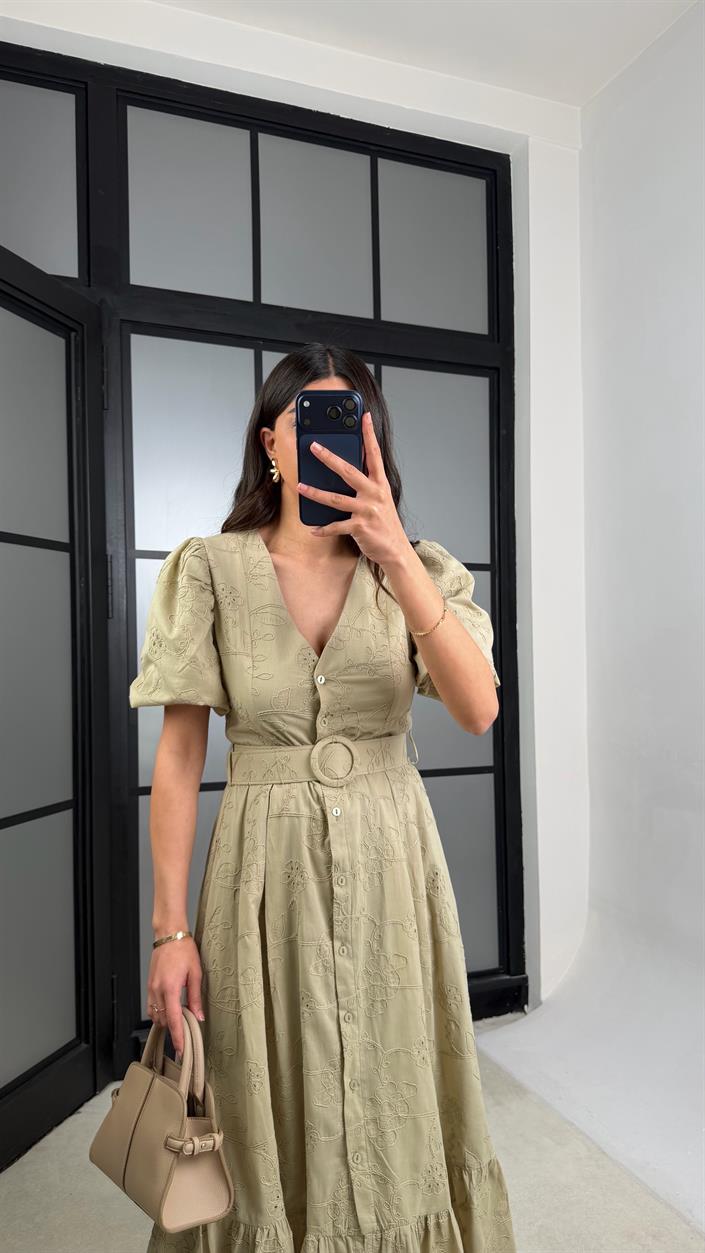 Yeşil Çiçek Nakışlı Kemerli Pinterest Elbise GAUS-01342