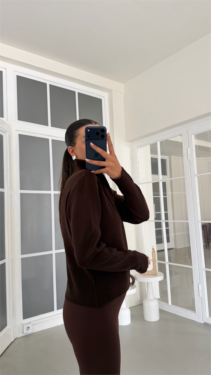 Kahve Çift Fermuarlı Triko Hırka GAUS-02141
