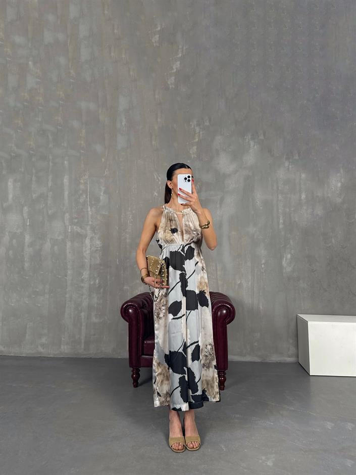 Siyah Desenli Sırt Dekolteli Beli Lastikli Saten Tulum Gaus00209