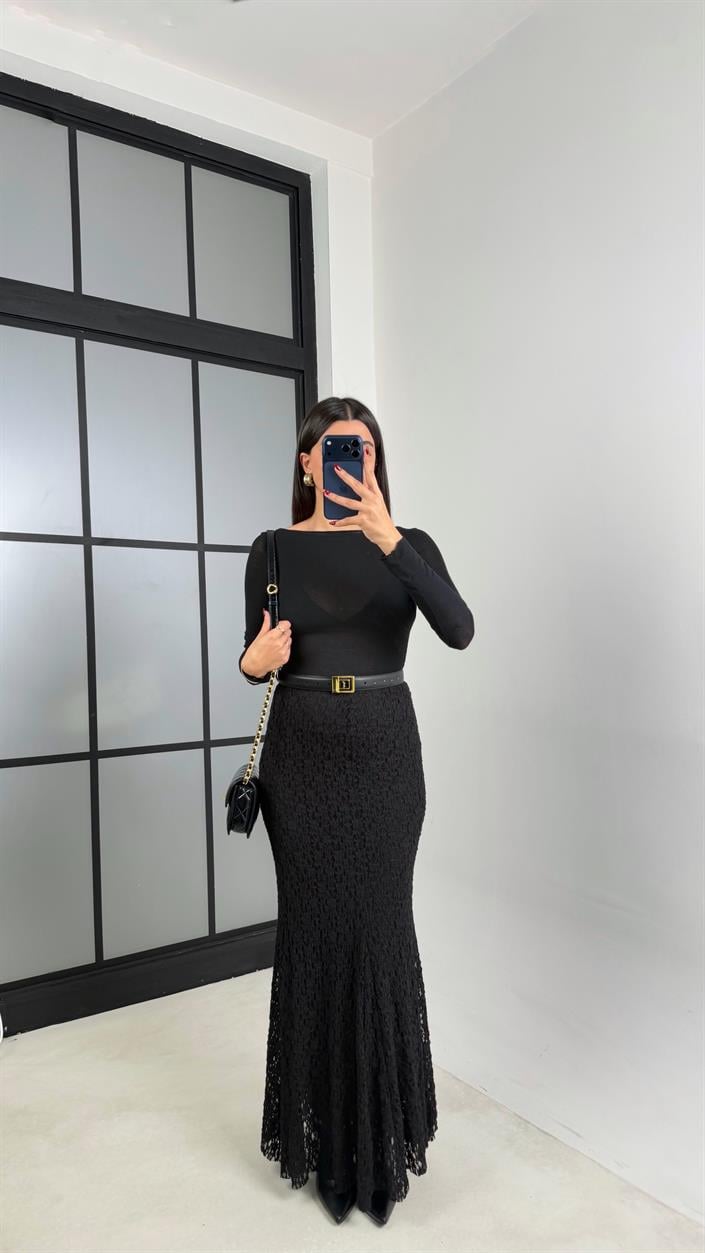 Siyah Maxi Boy Full Astarlı Dantel Etek GAUS-00714