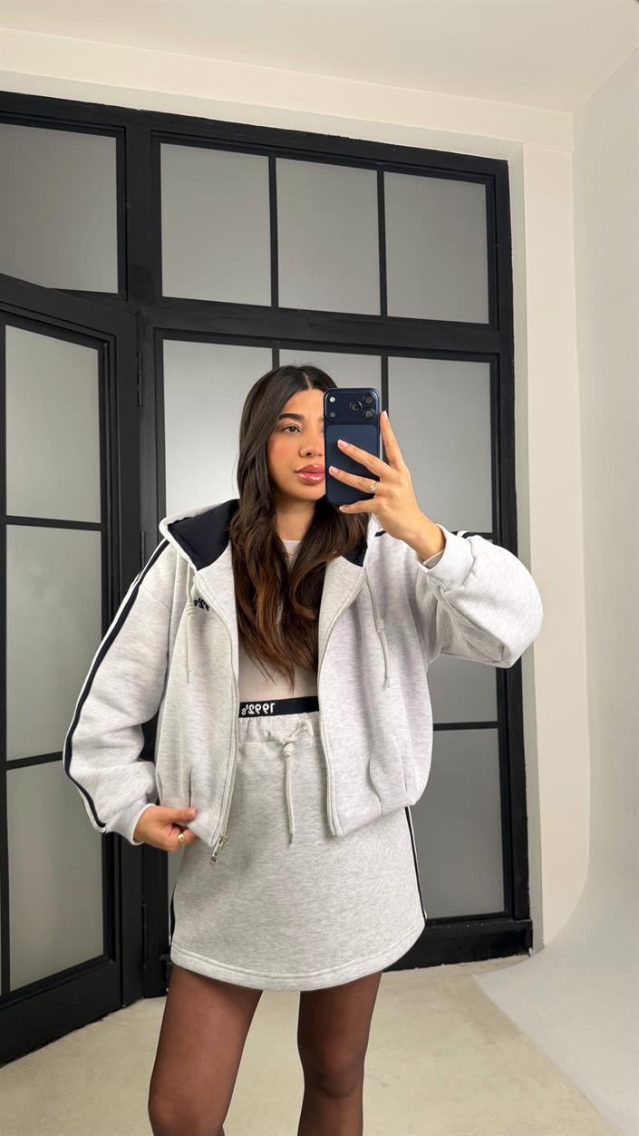 Gri Lacivert Şerit Detaylı Hırka Beli Bağcıklı Etek Şardonlu Takım Gaus-01174 GAUS-01175