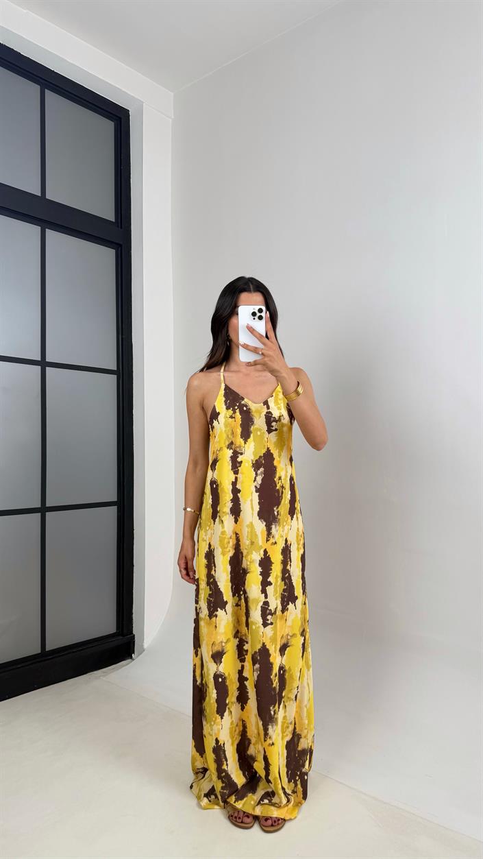 Sarı Kahve Desenli Askılı Tencel Elbise Gaus00654