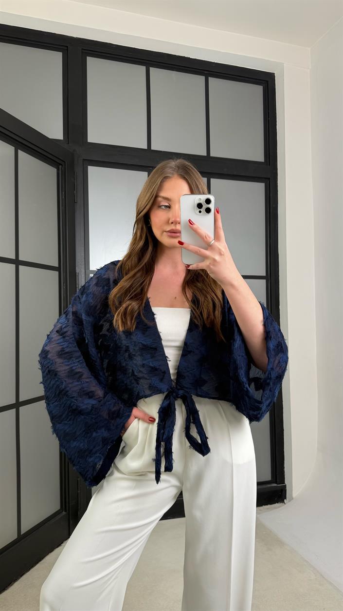 Lacivert Püsküllü Bağlama Detaylı Kimono GAUS-01277