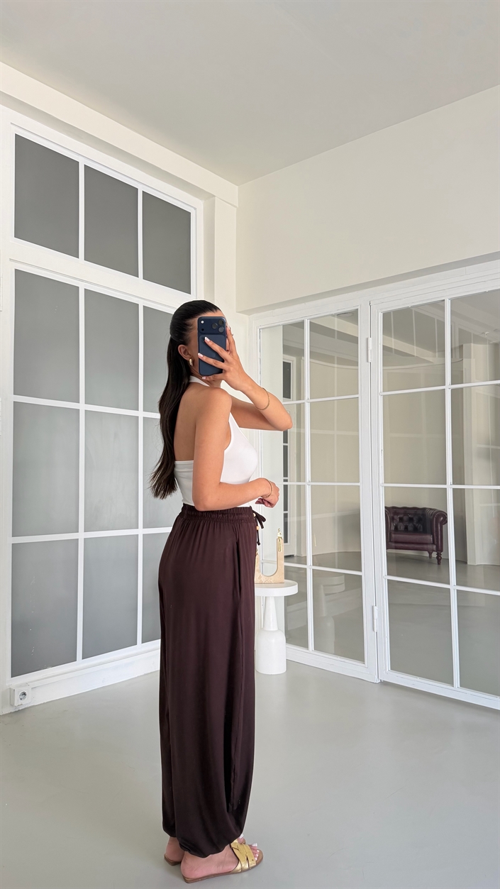 Kahve Boncuk İpli Modal Kumaş Şalvar Pantolon GAUS-01676