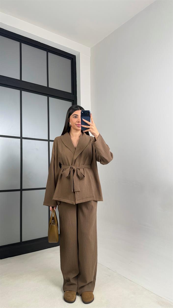 Kahve Kimono Beli Lastikli Pantolon İkili Muadil Takım GAUS-01113