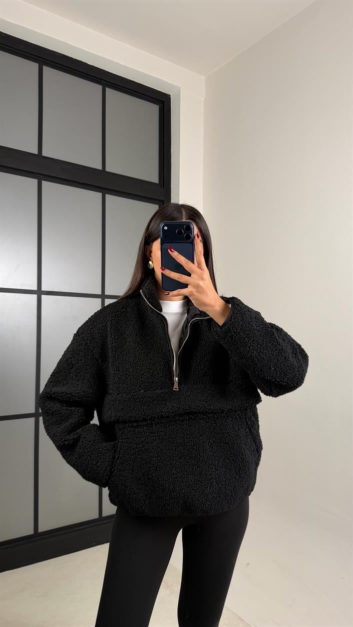 Siyah Cepli Yaka Fermuarlı Peluş Sweatshirt GAUS-00672
