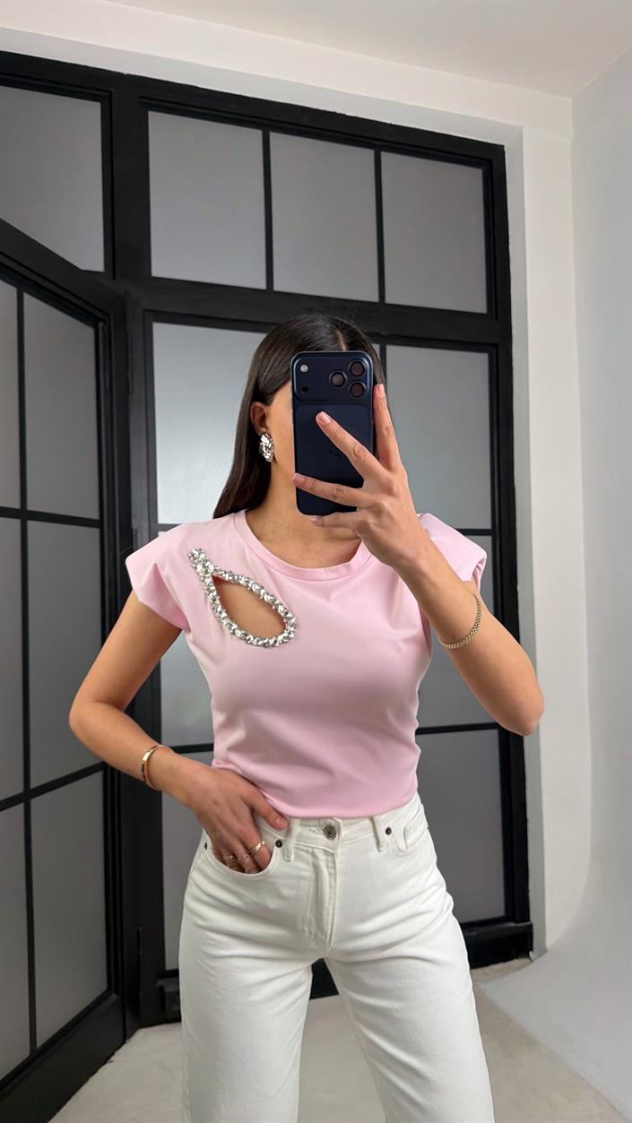 Pembe Vatkalı Taş Detaylı Muadil Bluz GAUS-01282