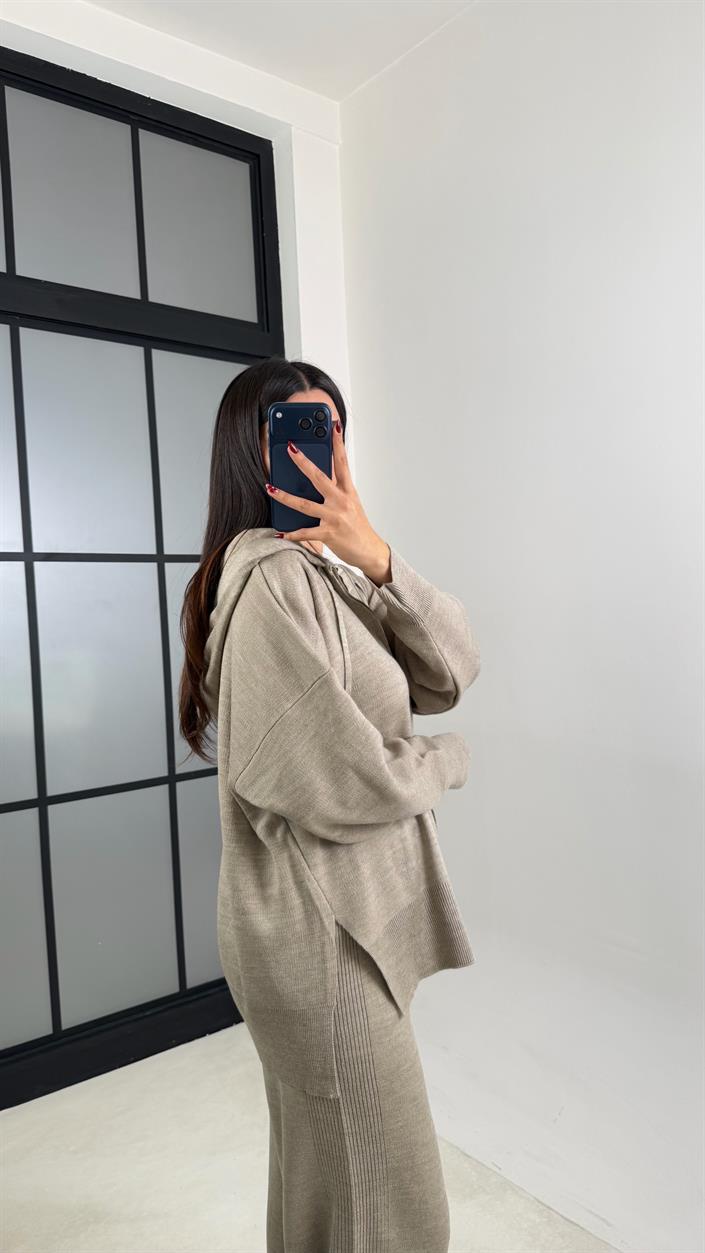 Vizon Çift Fermuarlı Kapüşonlu Hırka Beli Lastikli Pantolon İkili Triko Takım GAUS-00676