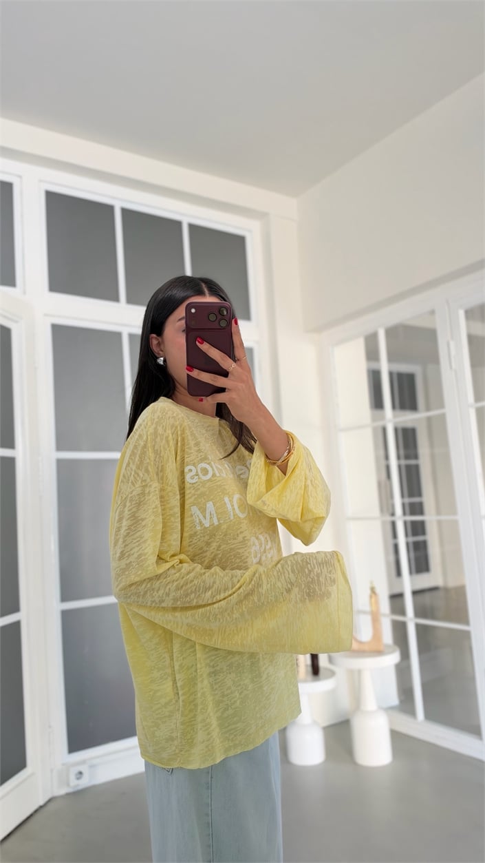 Sarı Yazı Baskılı Oversize Tshirt GAUS-02243