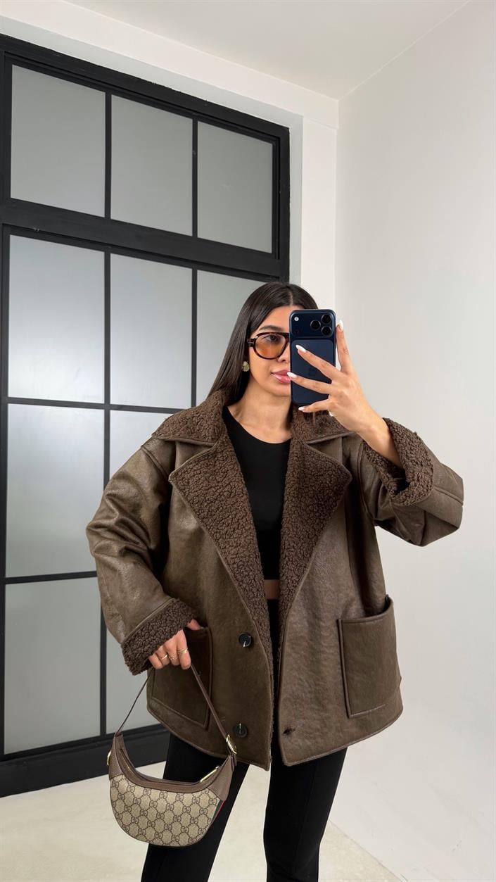 Kahve İçi Kürk Detaylı Cepli Süet Mont GAUS-00631