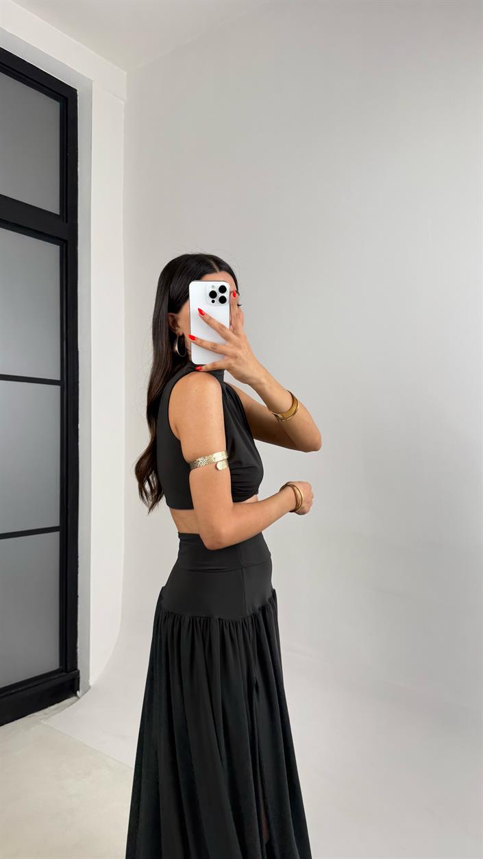 Haki Sandy Kumaş Yırtmaçlı Etek Crop Takım GAUS-0049
