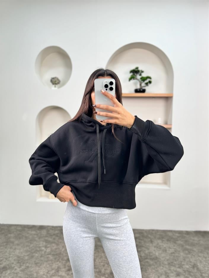 Jime Siyah Muadil Crop Kapüşonlu Şardonlu Sweatshirt