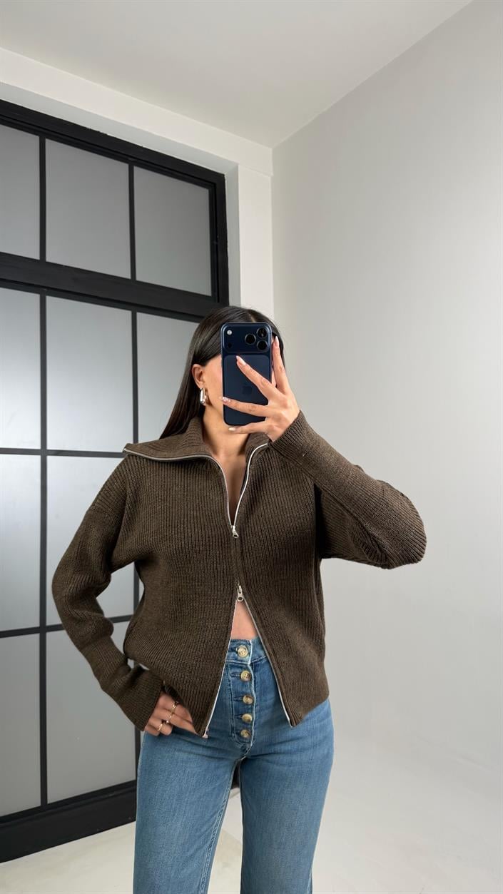 Acı Kahve Çift Fermuarlı Triko Kazak GAUS-00858