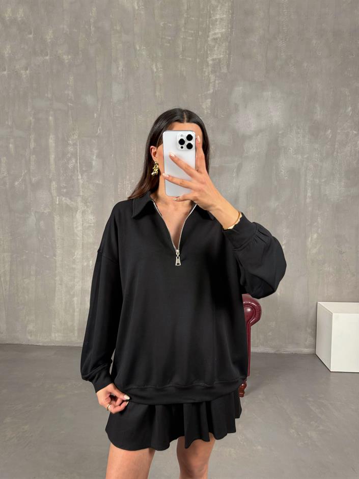 Mizu Siyah Yaka Fermuarlı Sweat Pileli Şortlu Etek Modal Takım