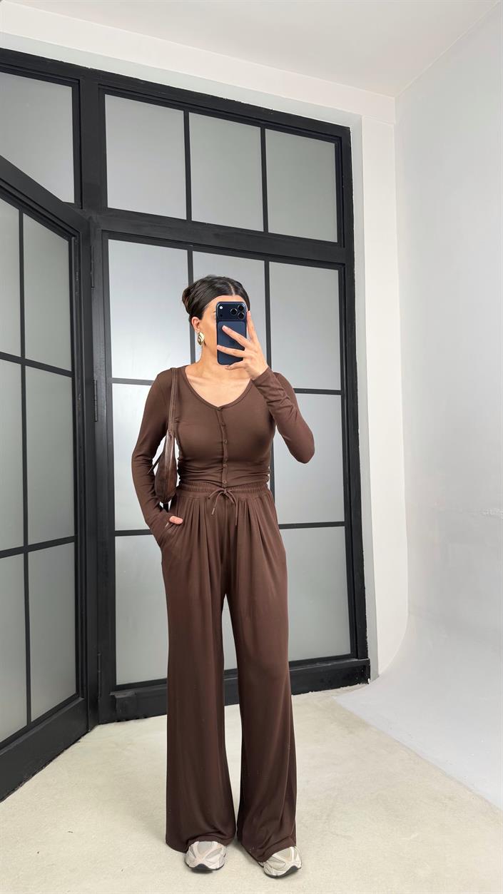 Kahve Düğmeli Bluz Beli Lastikli Eşofman Kaşmir Dokulu Takım GAUS-01333
