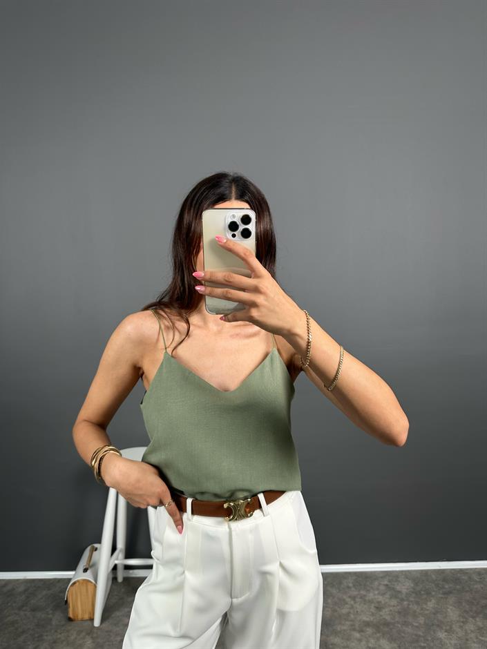 Exa Haki Askılı Keten Crop Bluz