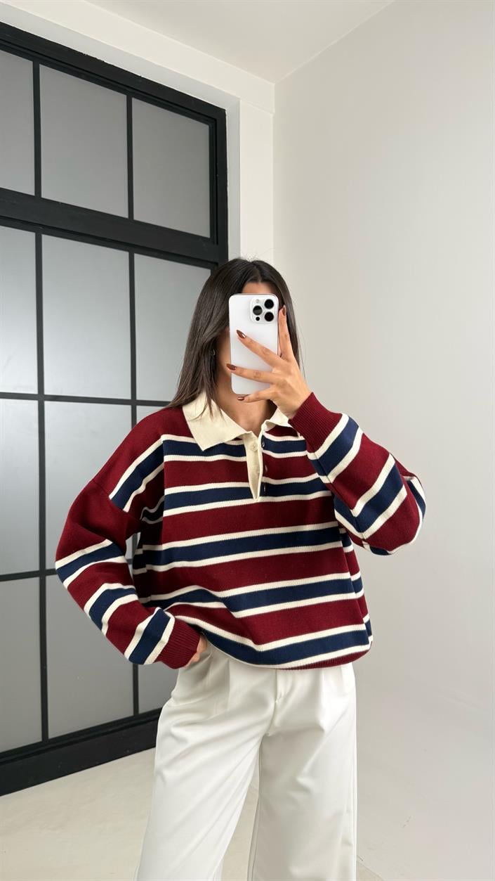 Bordo Çizgili Polo Yaka Düğmeli Kazak GAUS-00115
