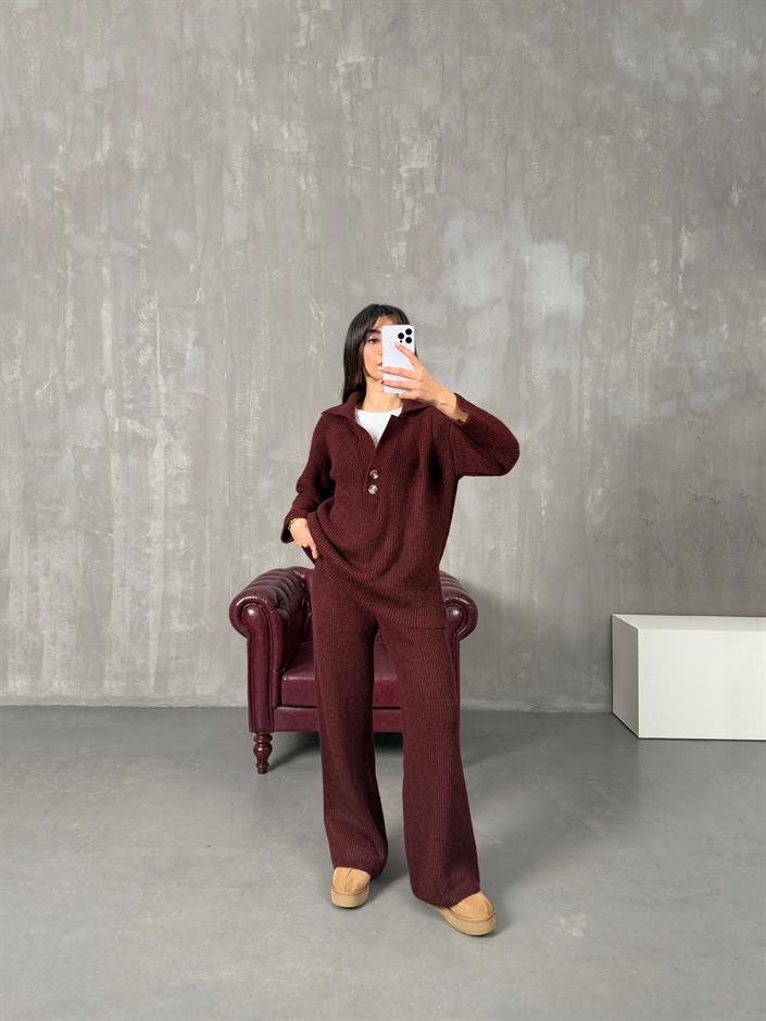 Sise Bordo Polo Yaka Fitilli Triko Takım