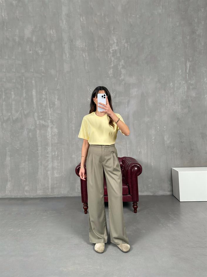 Rigal Haki Ön Düğme Detaylı Kumaş Pantolon