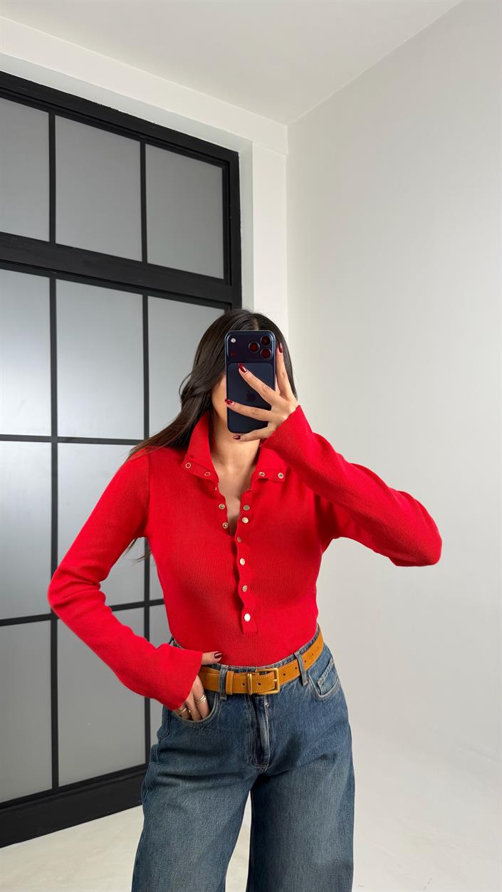 Kırmızı Çıtçıt Düğmeli Triko Kazak GAUS-00780