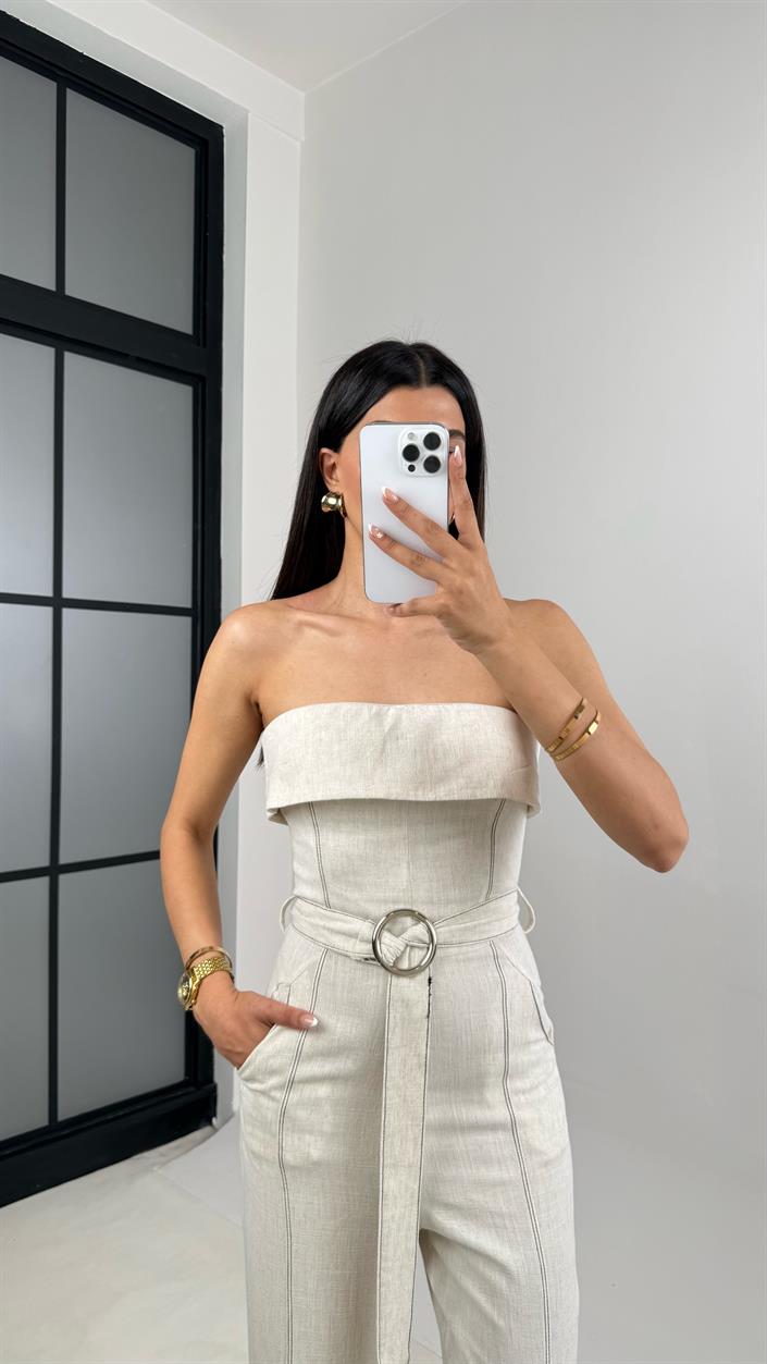 Taş Starplez Kemerli Keten Tulum Gaus00547