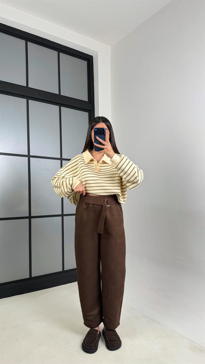 Kahve Kuşaklı Süet Pantolon GAUS-00829