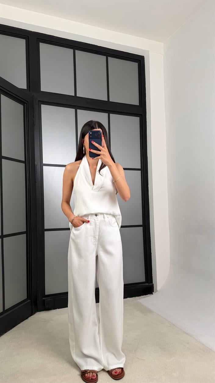 Beyaz Halter Yaka Tencel Denim Takım GAUS-01520