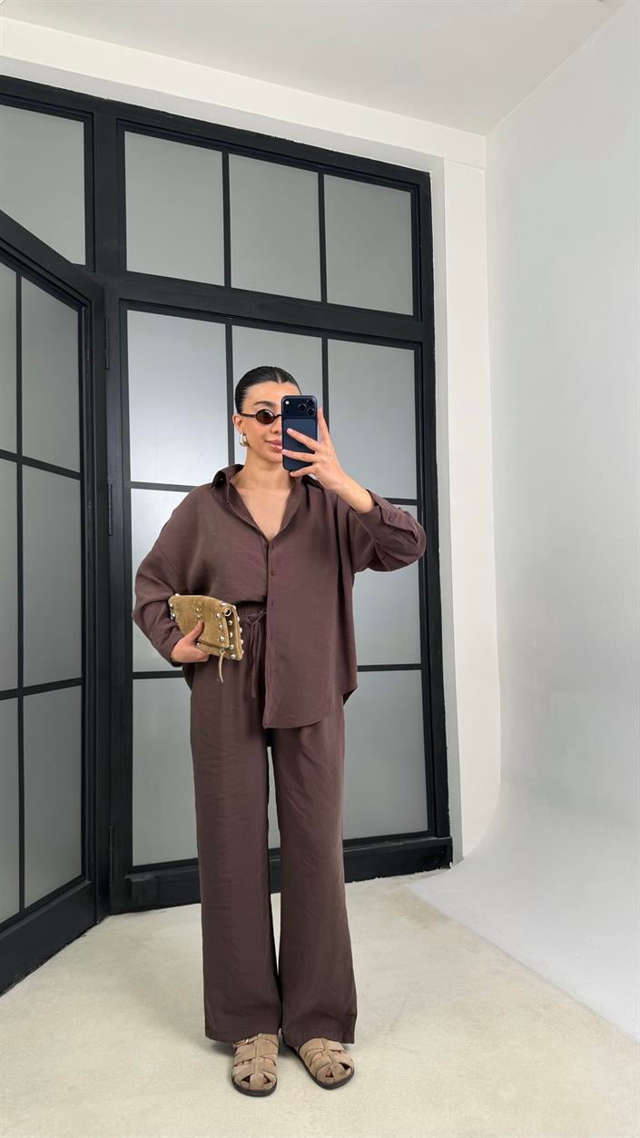 Kahve MD Muadil Gömlek Beli Lastikli Pantolon Tencel Takım GAUS-01278
